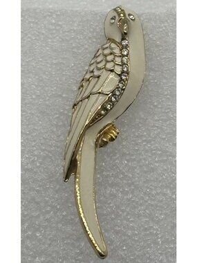 Vintage Parrot Brooch White Enamel On Gold-Tone Metal Base With Pave Rhinestones